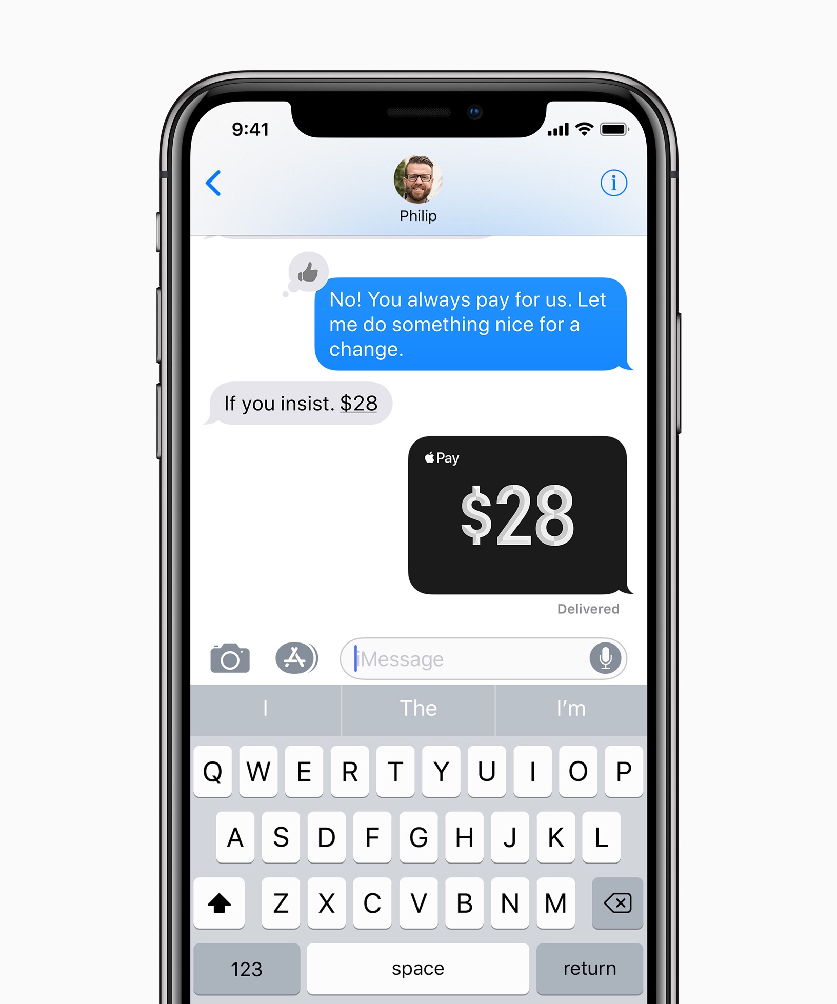 iPhone screen displays an iMessage notification with Apple Pay Cash on iOS