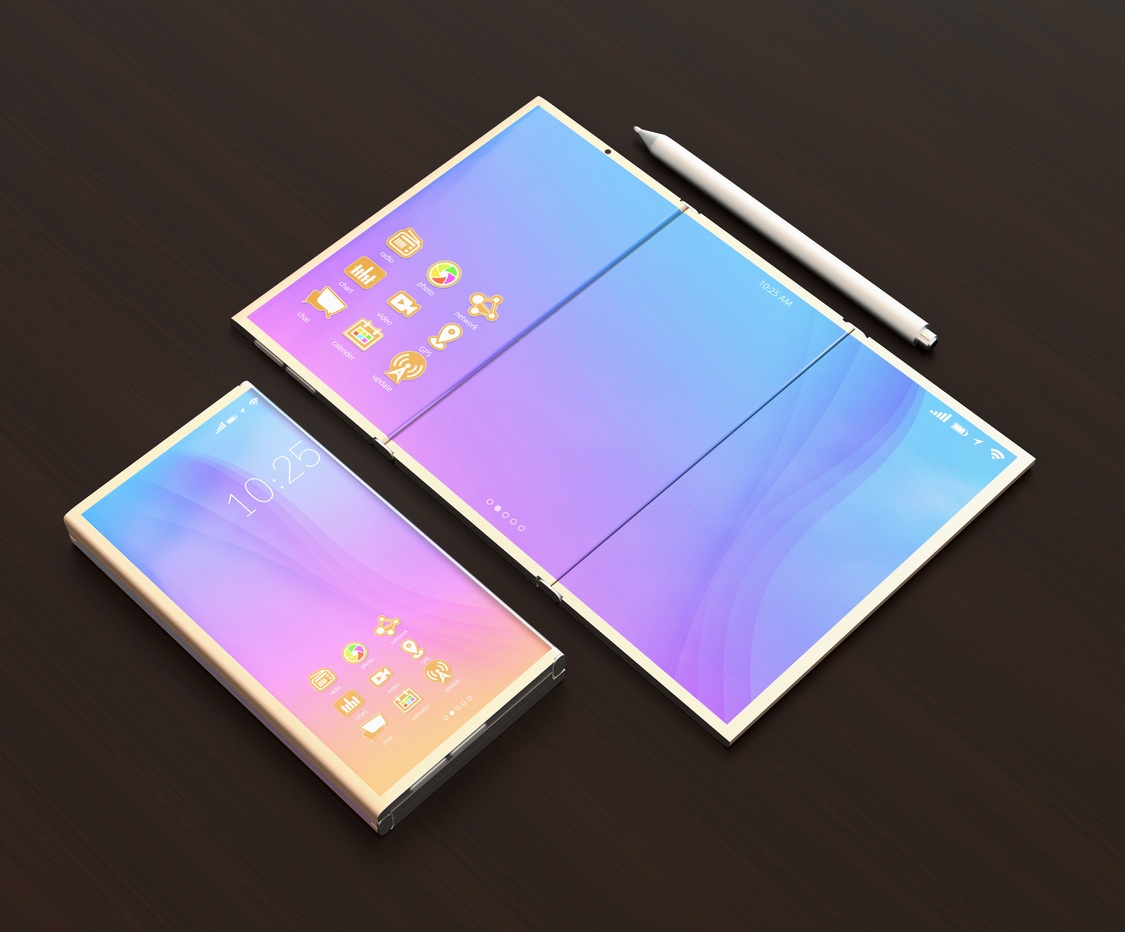 Digital pen, smart phone, and the phone unfolded as a tablet PC on dark wood table. 3D rendering image.