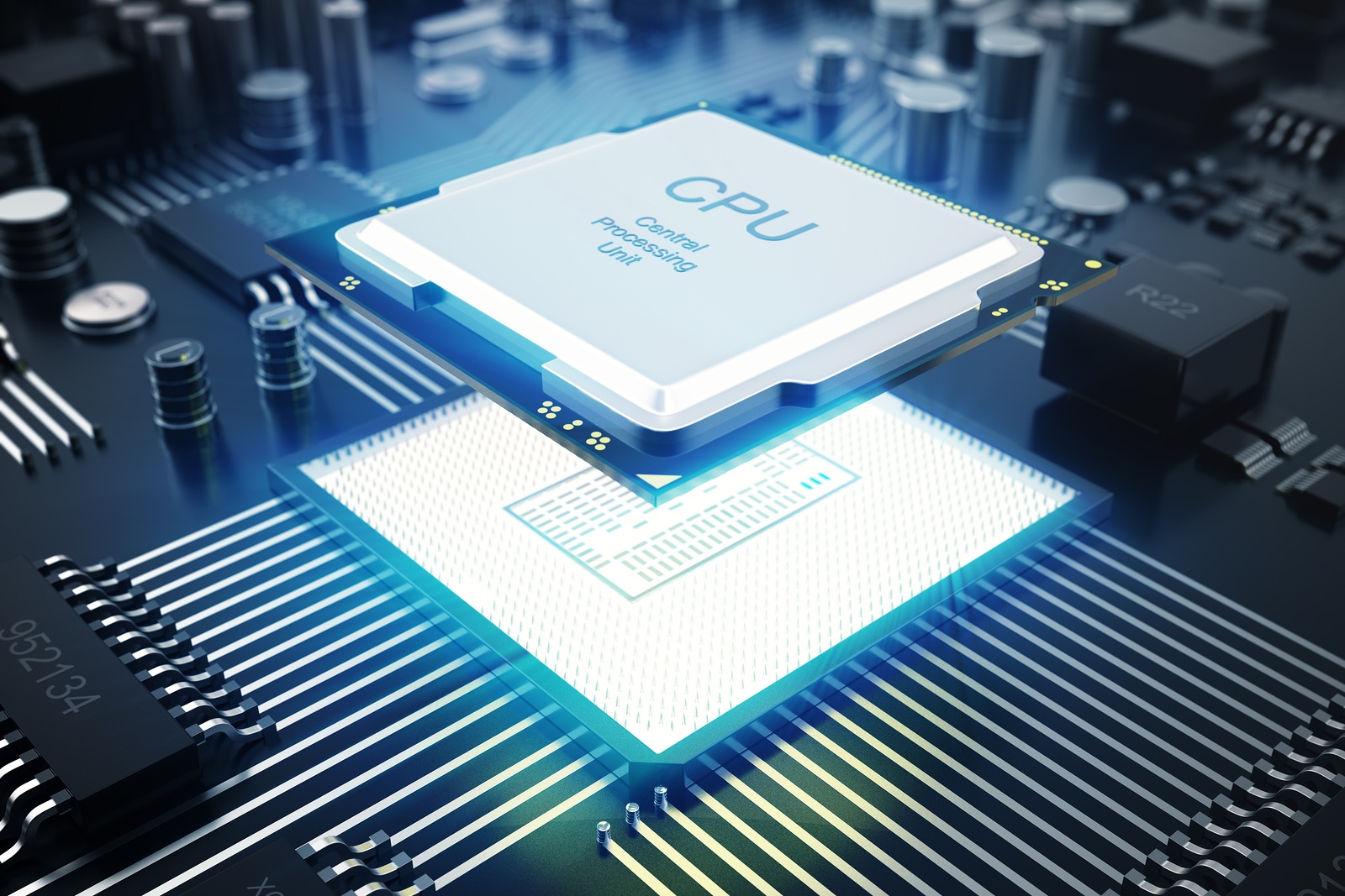 3D rendering circuit board. Technology background. Central Computer Processors CPU concept. Motherboard digital chip. Tech science EDA background. Integrated communication processor. Information CPU engineering