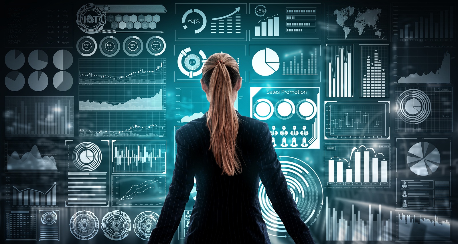 Big Data Technology for Business Finance Analytical Concept. Modern graphic interface shows massive information of business sale report, profit chart and stock market trends analysis on screen monitor.