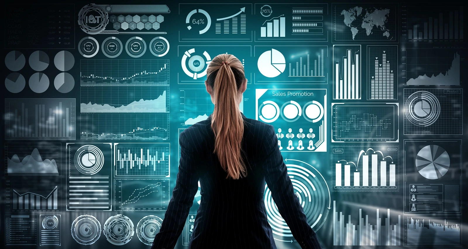 Big Data Technology for Business Finance Analytical Concept. Modern graphic interface shows massive information of business sale report, profit chart and stock market trends analysis on screen monitor.