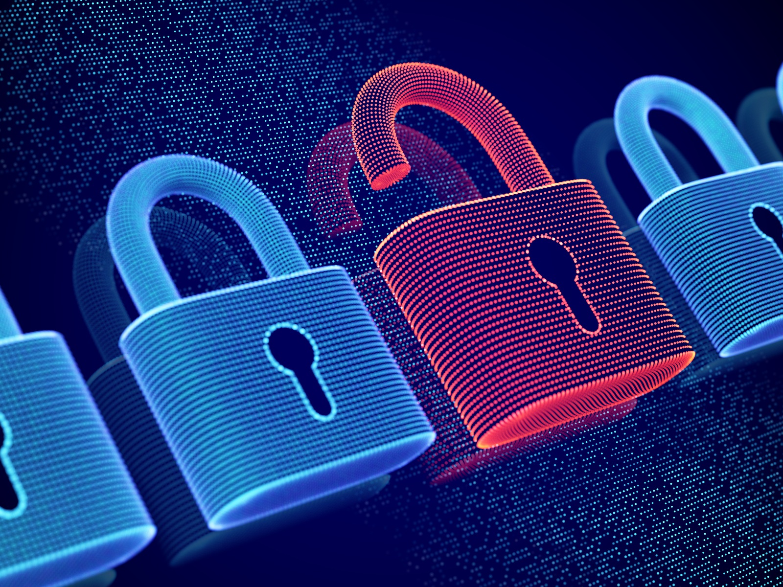 Data security and privacy concept: opened padlock on digital screen background. Visualization of personal or business information security. Cybercrime or network hacker attack. EPS10 vector illustration