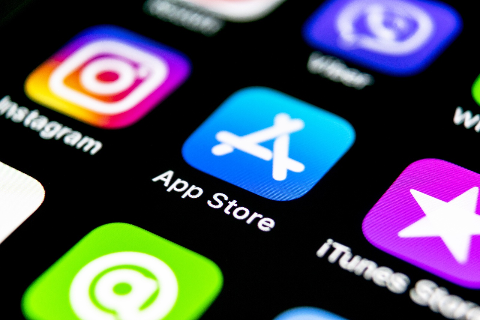 Saint-Petersburg, Russia, September 30, 2018: Apple store application icon on Apple iPhone X smartphone screen close-up. Mobile application icon of app store. Social networks. AppStore