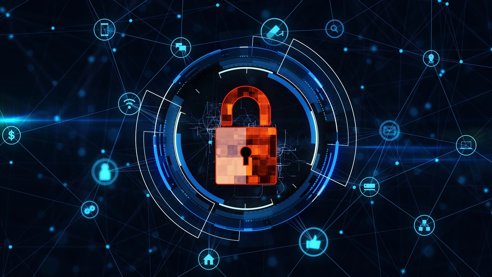 Internet technology network and cyber security concept .with lock icon on secure data network technology, cyber attack protection for worldwide connections.