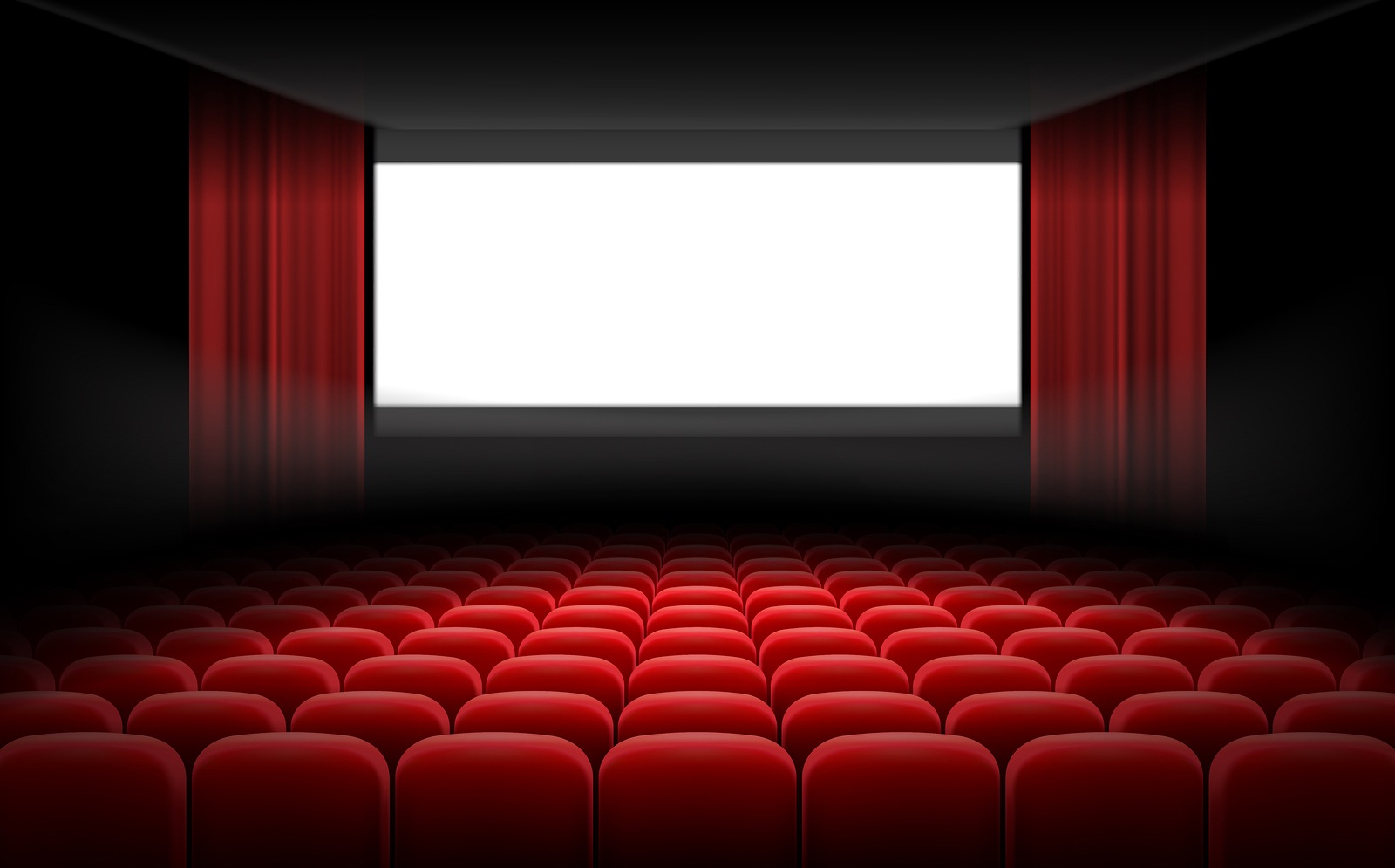 White luminous cinema movie theater screen with red curtains and rows of chairs, realistic illustration, background. Concept movie premiere, poster with interior of a cinema and space for text
