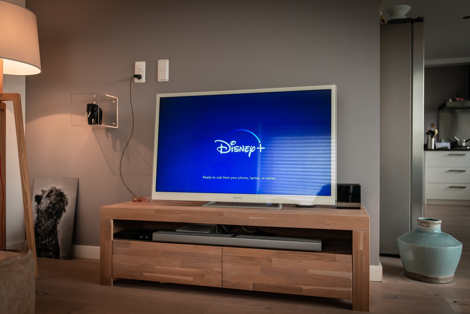 Amsterdam, The Netherlands, 09/28/2019, Disney+ start screen on tv. Disney+ online video, content streaming subscription service. Disney plus, Star Wars, Marvel, Pixar, National Geographic.