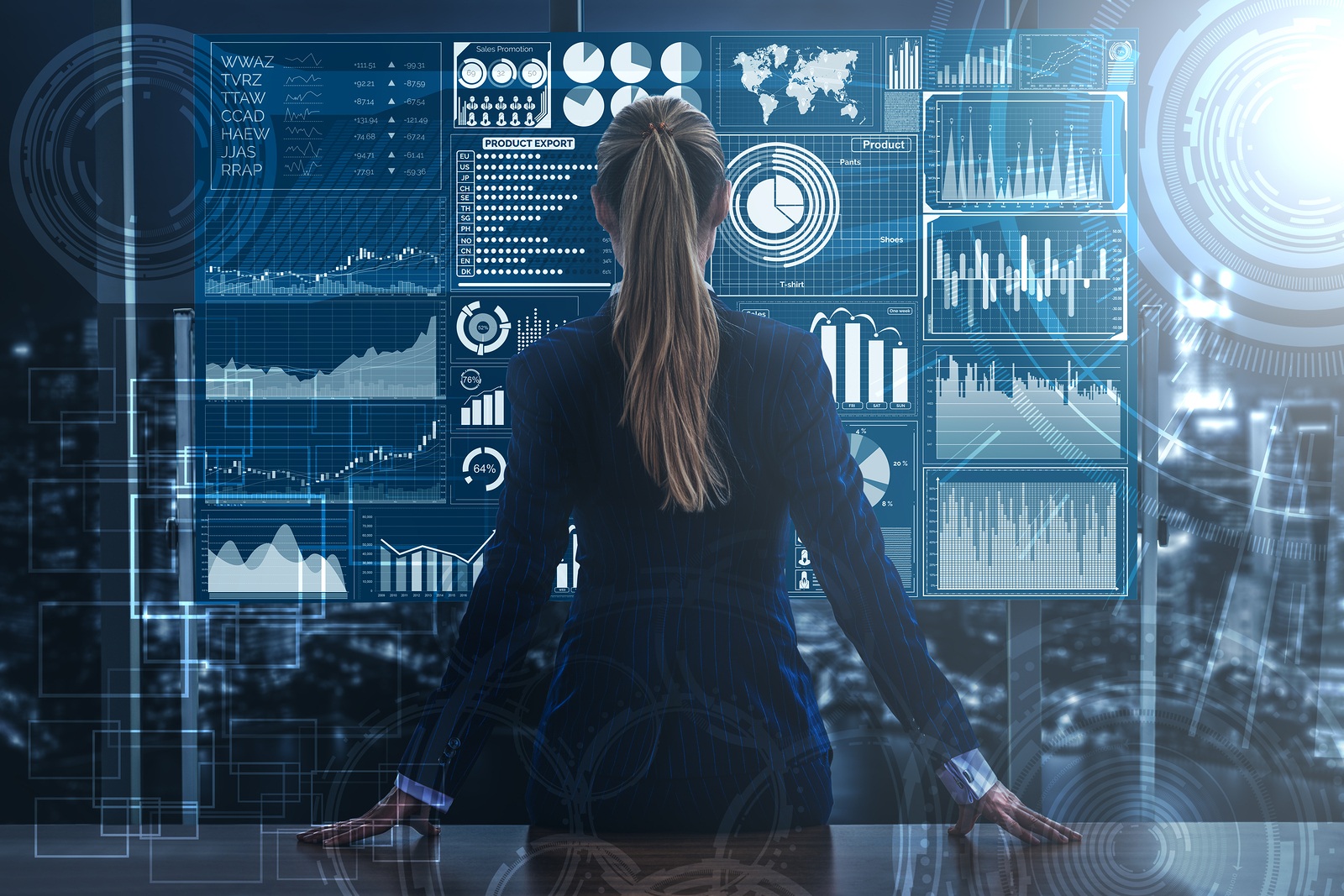 Big Data Technology for Business Finance Analytical Concept. Modern graphic interface shows massive information of business sale report, profit chart and stock market trends analysis on screen monitor.