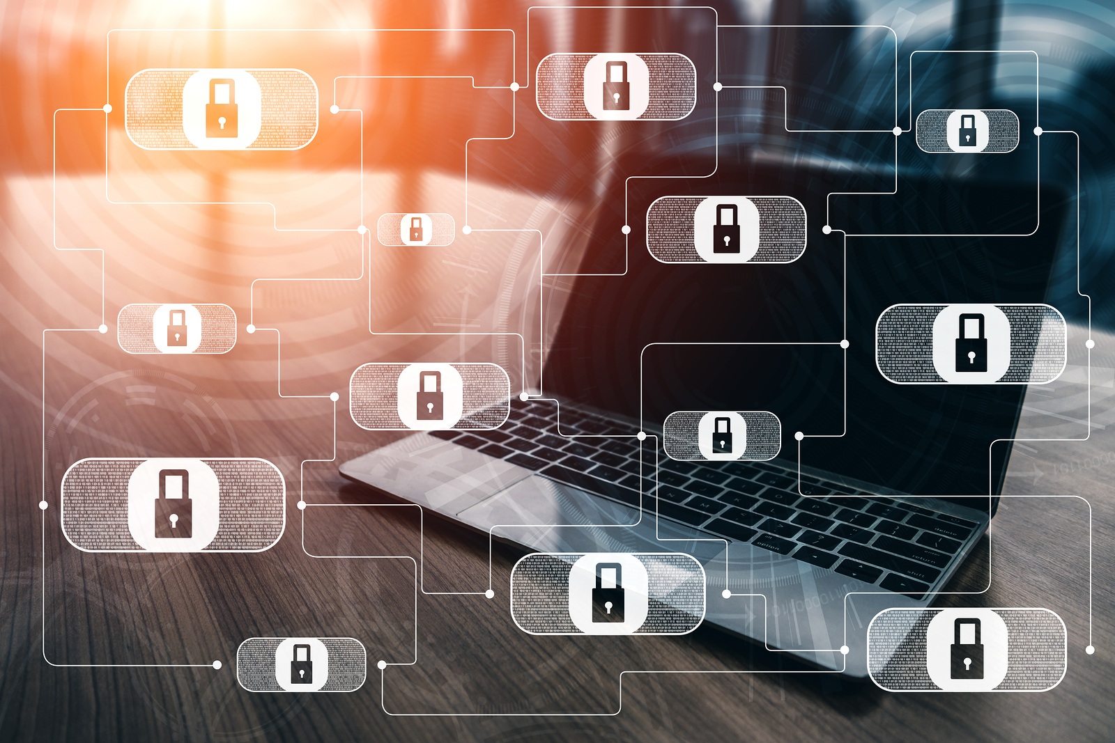 Cyber security and digital data protection concept. Icon graphic interface showing secure firewall technology for online data access defense against hackers, viruses and insecure information for privacy.