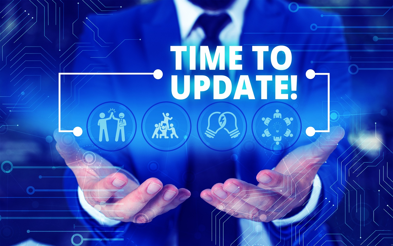 Handwriting text Time To Update. Concept meaning act updating something someone or updated version program Male human wearing formal work suit presenting presentation using smart device.