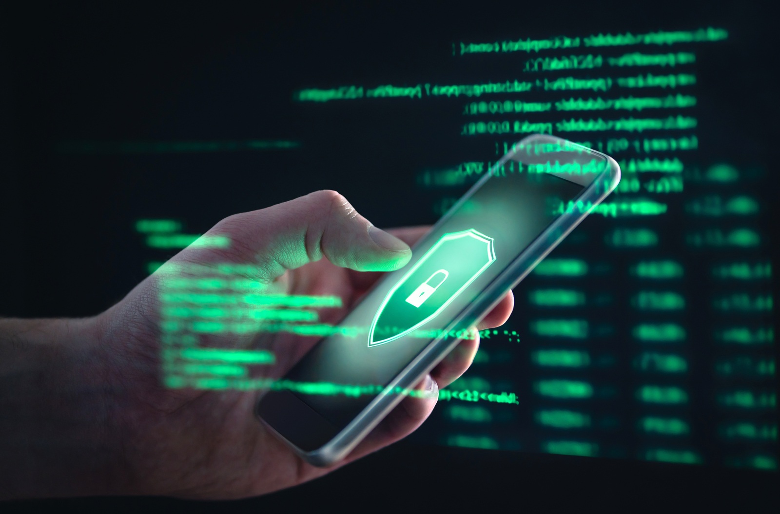 Phishing, cyber security, online information breach or identity theft crime concept. Hacked phone. Hacker and cellphone with hologram data. Mobile scam, fraud or crime. Cybersecurity violation.