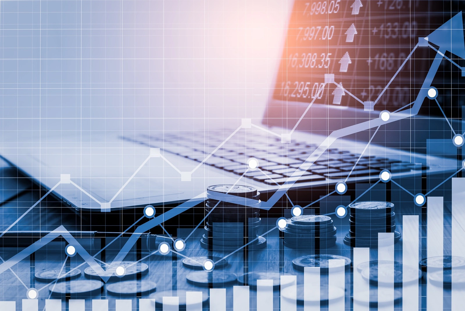 Stock market graph and business financial data on LED. Business graph and stock financial indicators. Stock or business market analysis concept. Business financial or stock market background. Business graph on stock market financial exchange