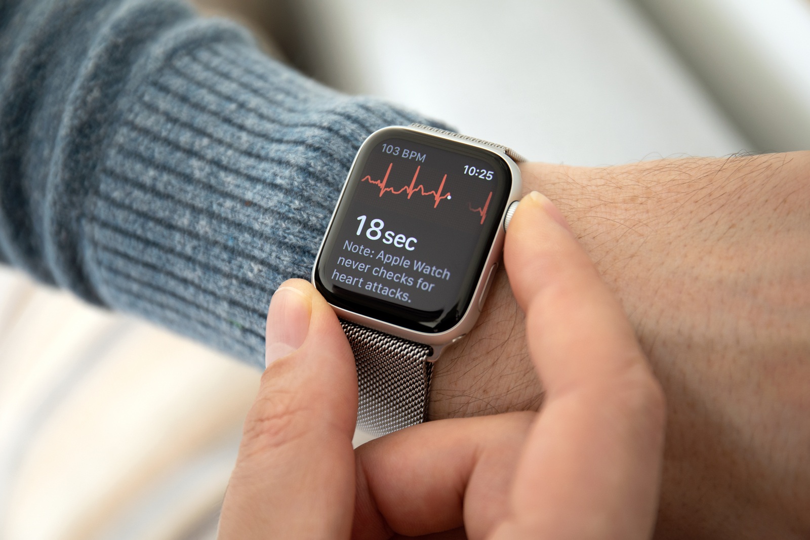 Anapa, Russia - February 17, 2019: Man hand with Apple Watch Series 4 with the ECG app on the screen. Apple Watch was created and developed by the Apple inc.