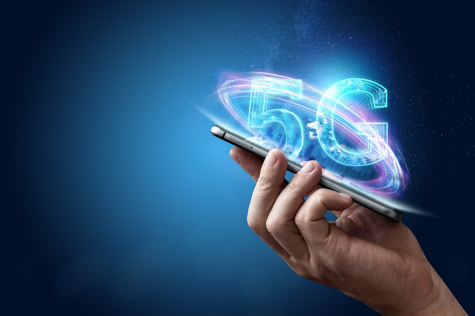 Creative background, the inscription 5G on the background of purple and blue energy, dark background. The concept of 5G network, high-speed mobile Internet, new generation networks. Copy space, mixed media.