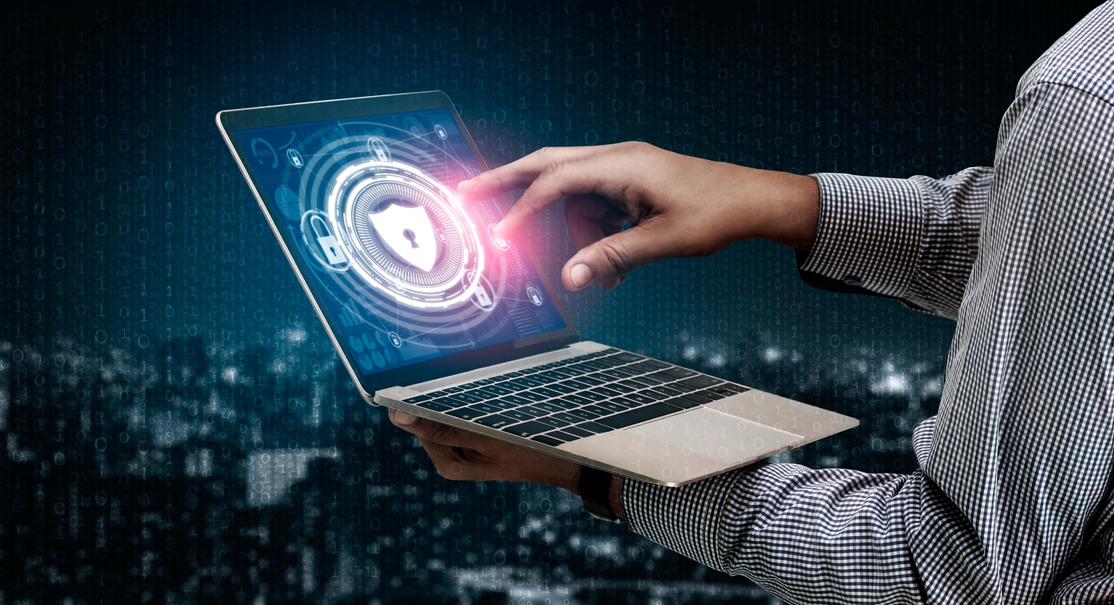 Cyber security and digital data protection concept. Icon graphic interface showing secure firewall technology for online data access defense against hackers, viruses and insecure information for privacy.
