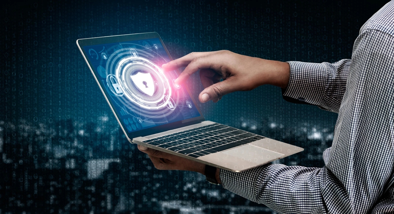 Cyber security and digital data protection concept. Icon graphic interface showing secure firewall technology for online data access defense against hackers, viruses and insecure information for privacy.