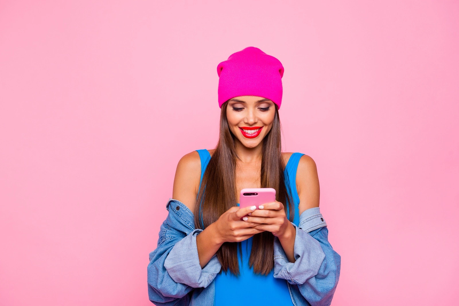 I want to like on Instagram! Crazy subscriber addicted people person concept. Close up photo portrait of attractive funny cheerful toothy lady using holding cell phone in hand isolated bright background