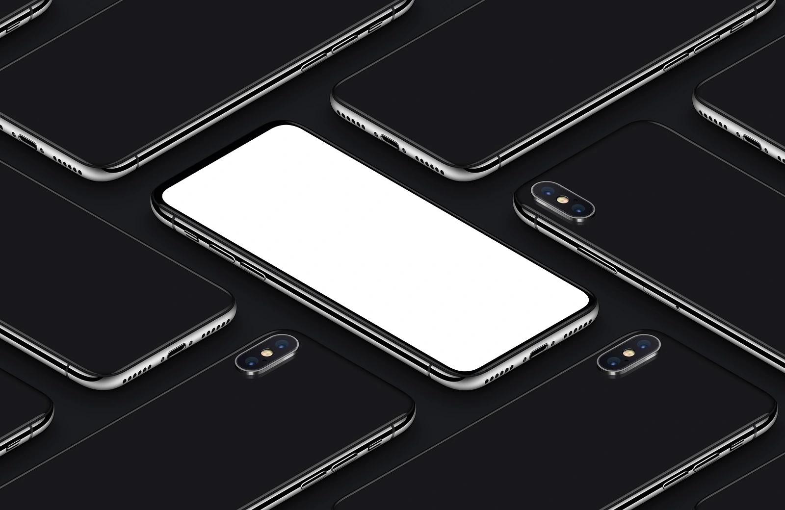 Perspective view isometric smartphones similar to iPhone X mockup pattern. New frameless smartphone back side and front side mockup. Ready to use smartphone mockup poster for mobile app UI or mobile design presentation. 3D illustrations.