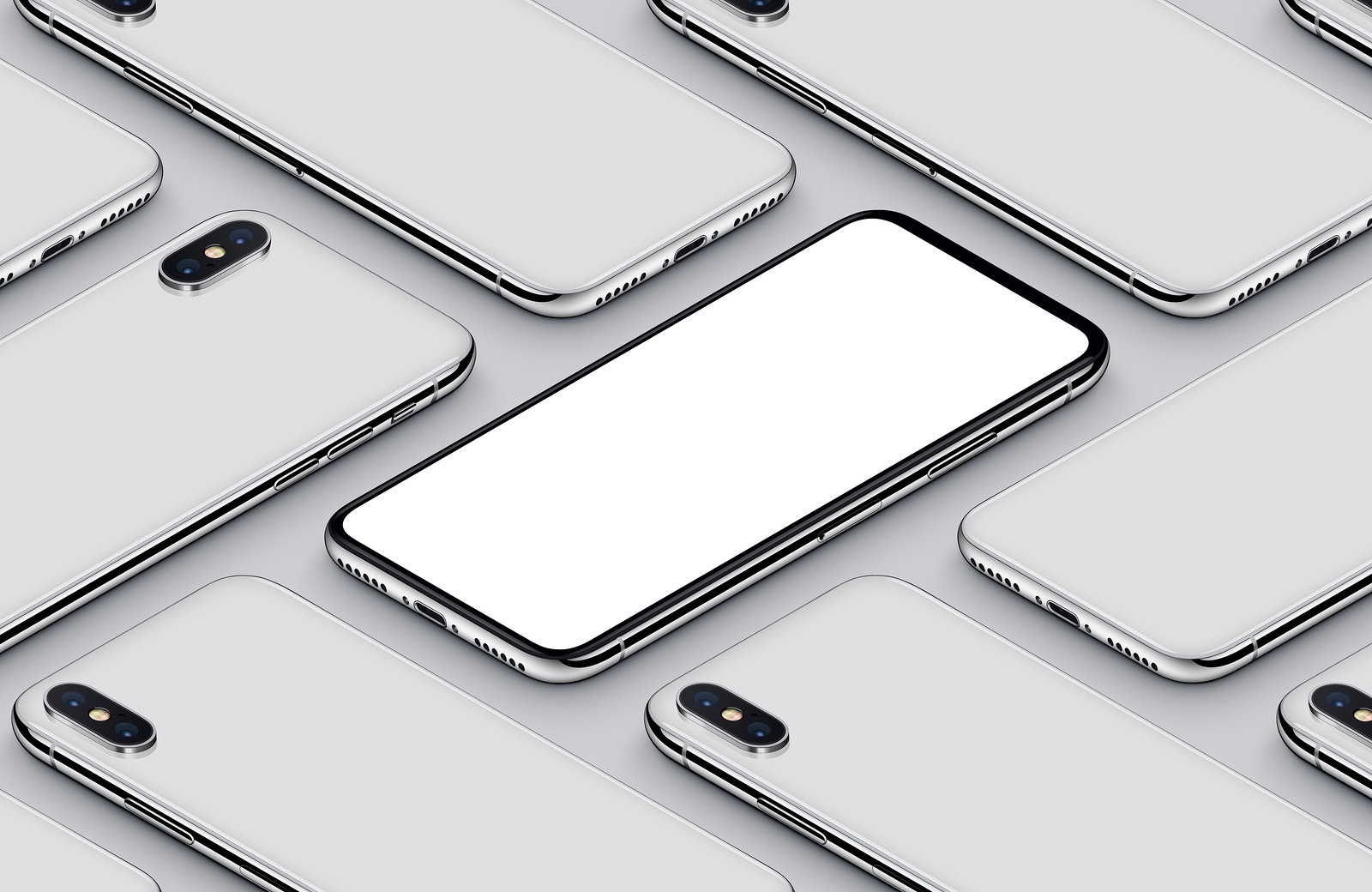 Perspective view isometric smartphones similar to iPhone X mockup pattern. New frameless smartphone back side and front side mockup. Ready to use smartphone mockup poster for mobile app UI or mobile design presentation. 3D illustrations.