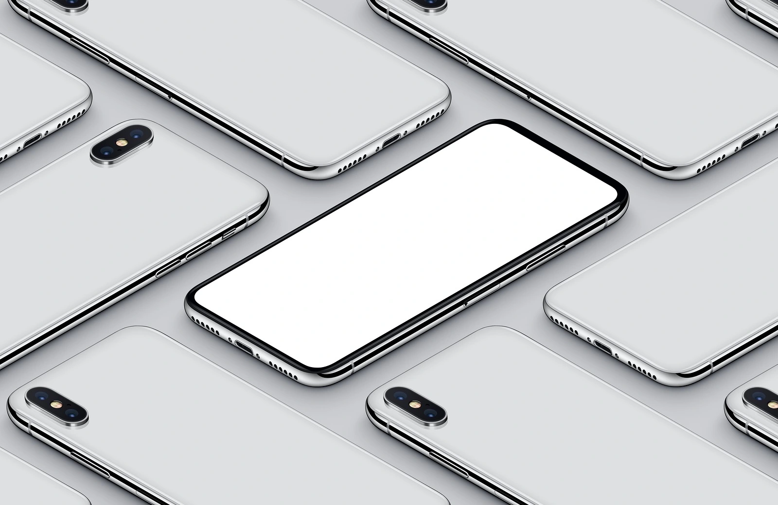 Perspective view isometric smartphones similar to iPhone X mockup pattern. New frameless smartphone back side and front side mockup. Ready to use smartphone mockup poster for mobile app UI or mobile design presentation. 3D illustrations.