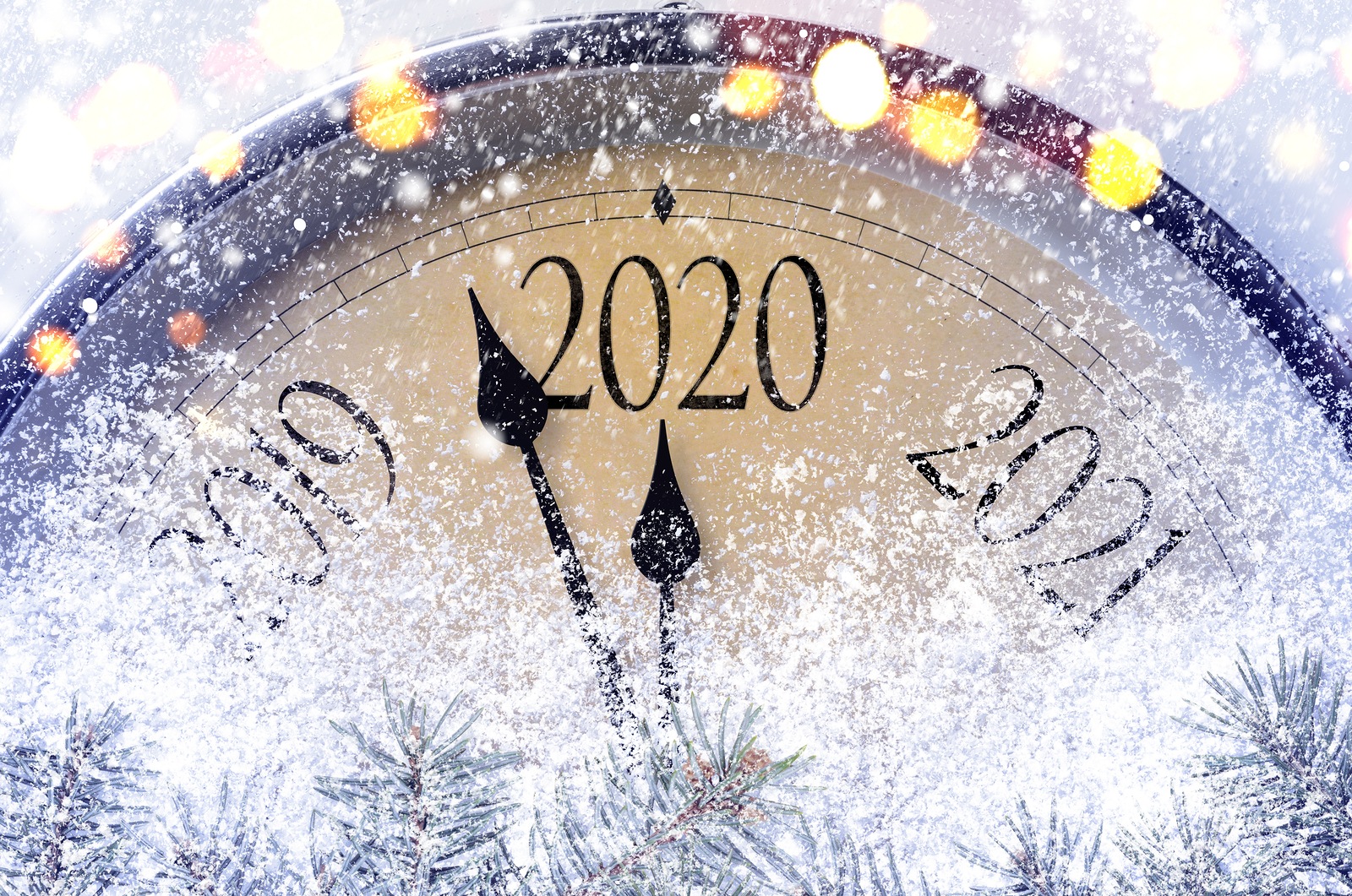 Countdown to midnight. Retro style clock counting last moments before Christmas or New Year 2020.