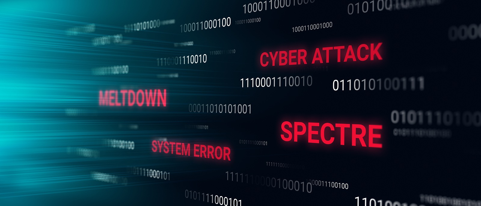 CPU exploit visualization. Binary code with alert words over dark background. Cyber security, data protection concept