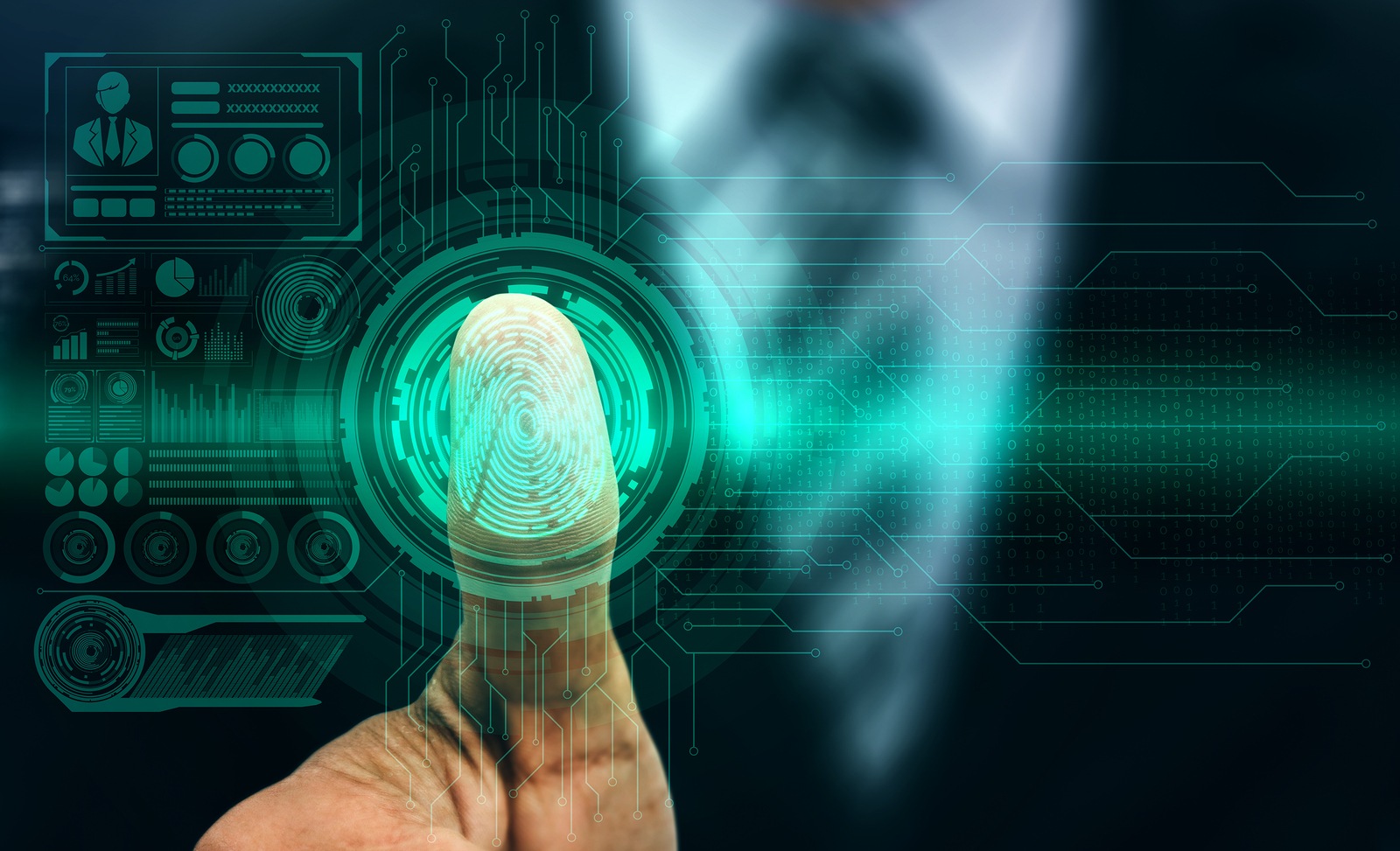 Fingerprint Biometric Digital Scan Technology. Graphic interface showing man finger with print scanning identification. Concept of digital security and private data access by using fingerprint scanner.