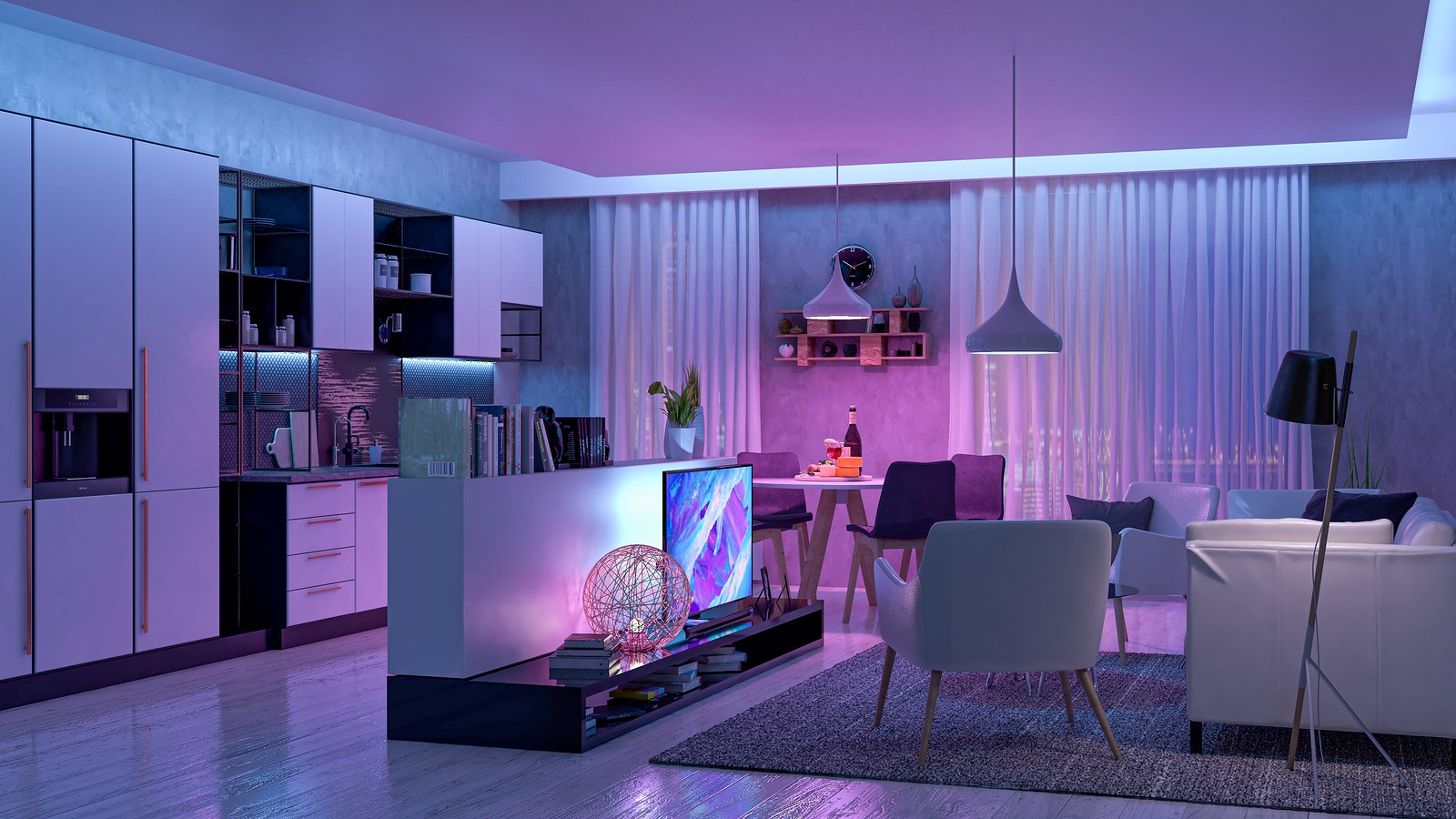 Modern living room with colored led light - Smart home. 3D rendering