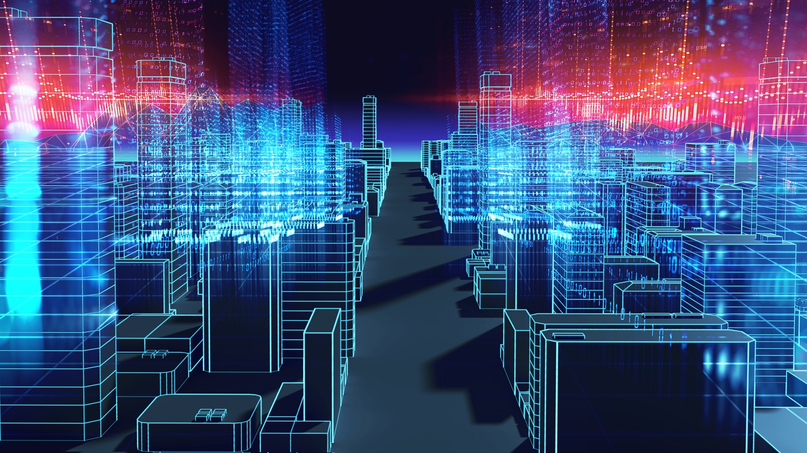 smart city and digital landscape in cyber world , internet of things, networks and augmented reality concept ,3d illustration