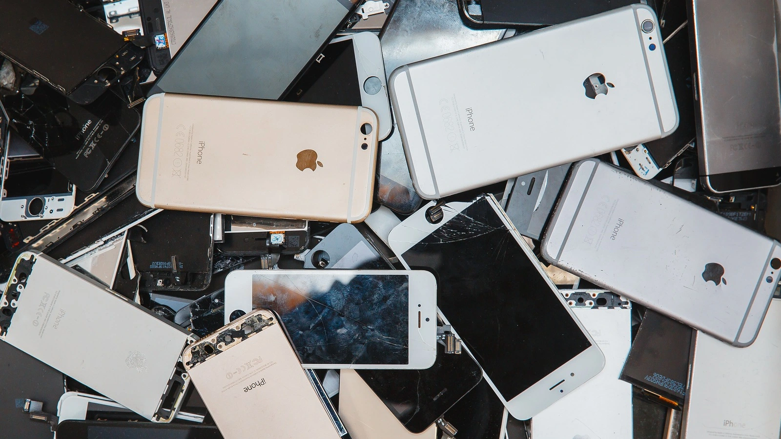 TOMSK, RUSSIA - November 29, 2017: broken panels and screens of iPhone phones lie in the service and are preparing for recycling and disposal