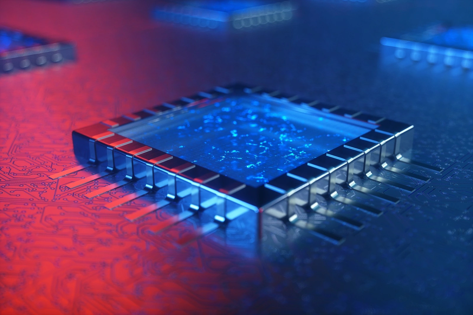 AI - artificial intelligence concept. Machine learning. Central Computer Processors on the circuit board with luminous tracks. Encoded data. Computer chip over circuit background. 3D rendering