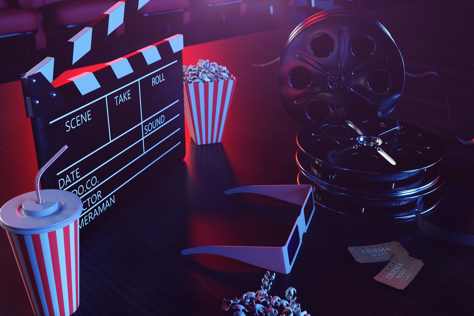 Cinema movie watching. Composition with 3d glasses, movie clapper, film reel, popcorn and filmstrip. Cinema concept wtih blue light. Red chairs in the cinema hall in the background. 3D illustrations