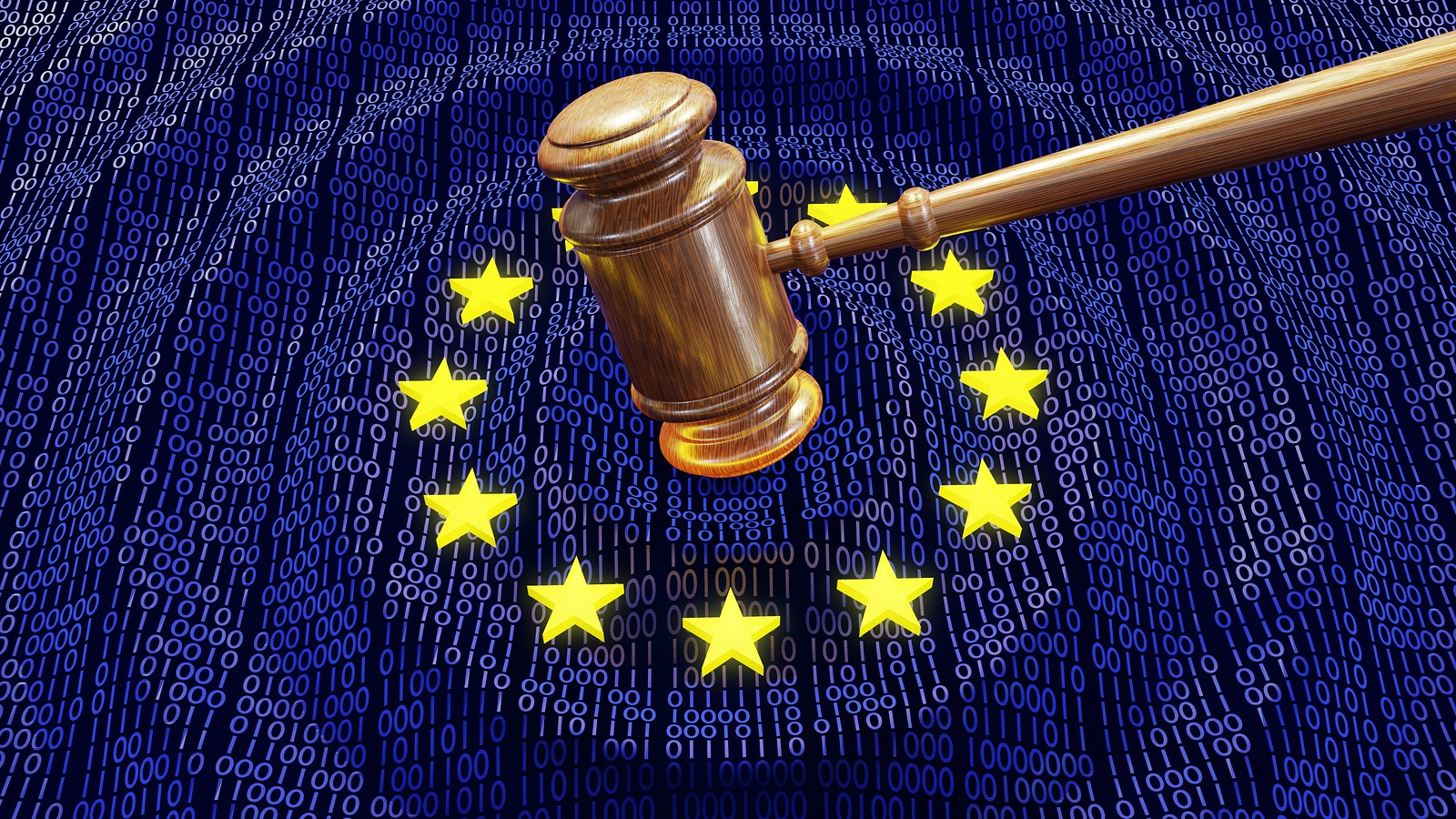 Judge hammer or gavel hitting EU data bits and bytes. Concept of GDPR law, breach and monetary penalty. 3D illustrations