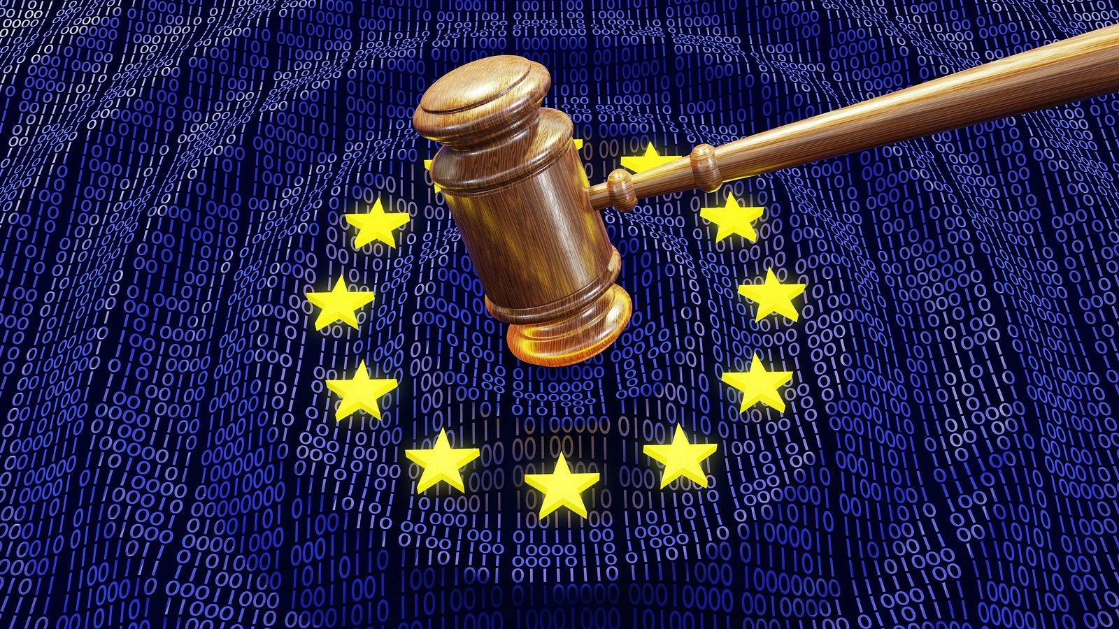 Judge hammer or gavel hitting EU data bits and bytes. Concept of GDPR law, breach and monetary penalty. 3D illustrations