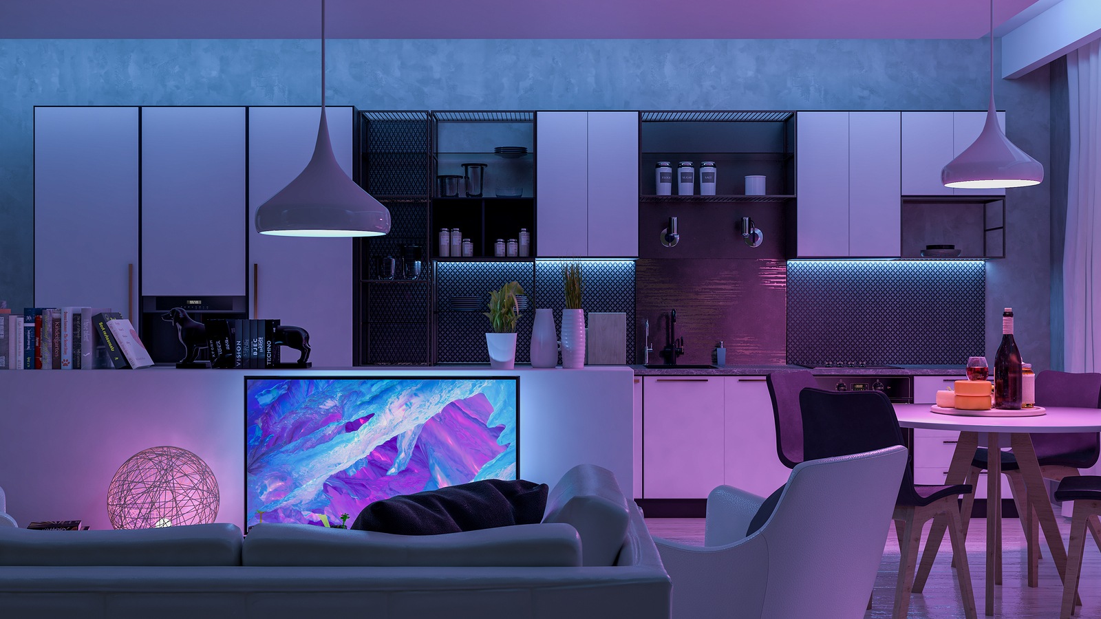 Modern living room with colored led light - Smart home. 3D rendering