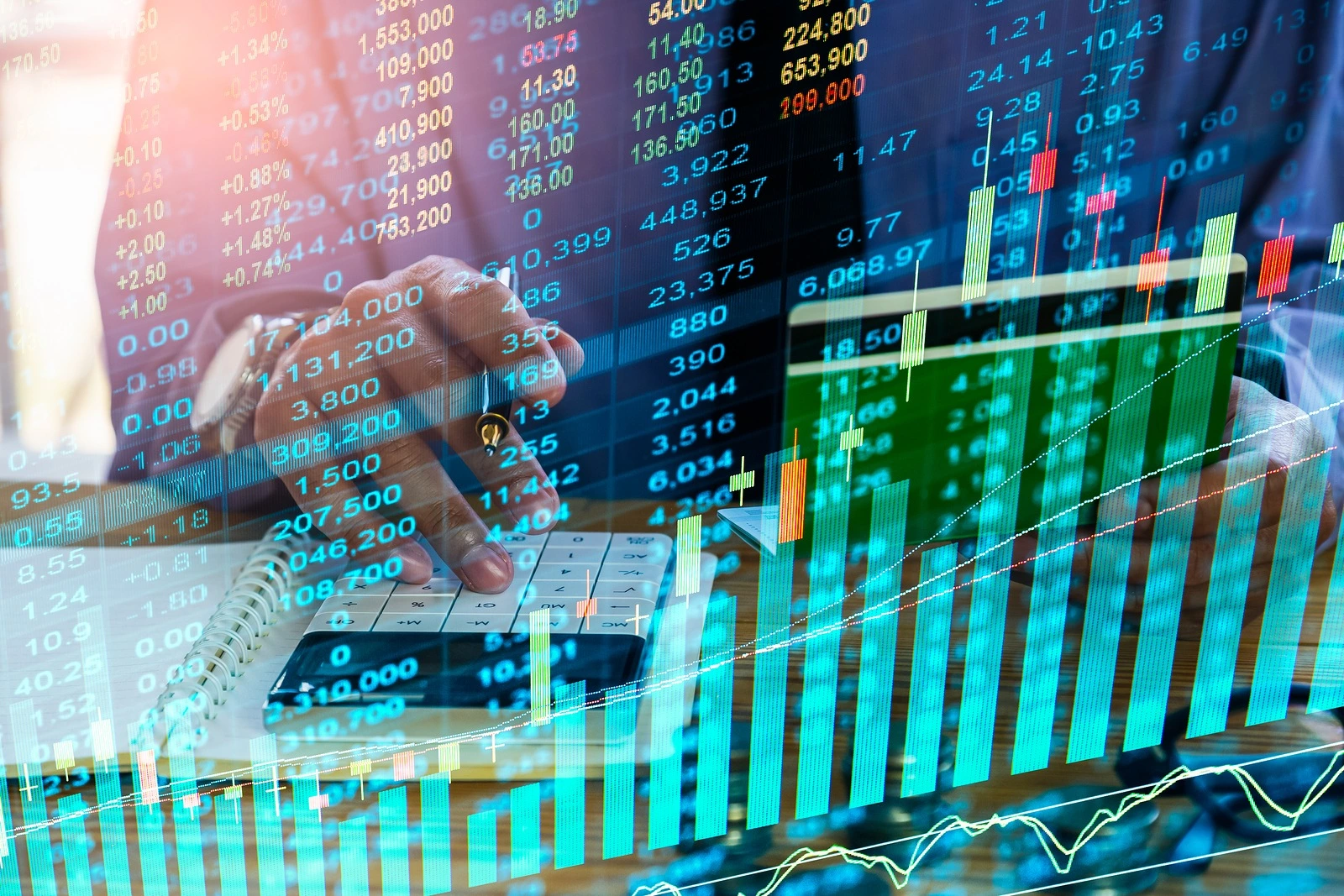 Stock market graph and business financial data on LED. Business graph and stock financial indicators. Stock or business market analysis concept. Business financial or stock market background. Business graph on stock market financial exchange