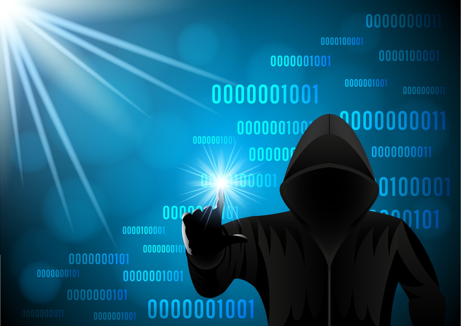 Black hooded man, hacker on a digital blue binary matrix background. Cyber security, information privacy, data protection, Internet hacking. Vector illustration