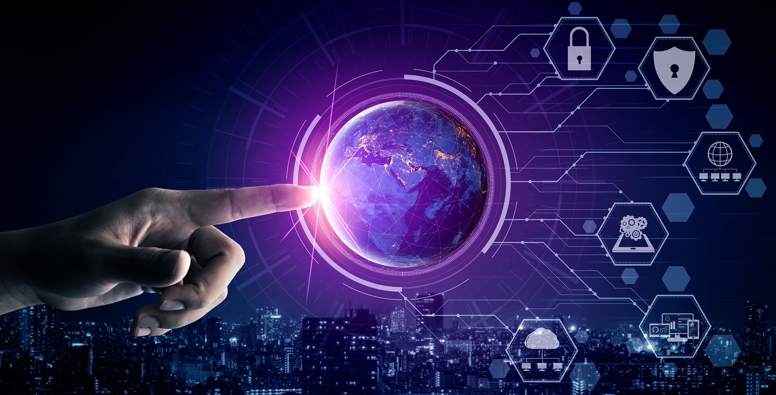 Cyber security and digital data protection concept. Icon graphic interface showing secure firewall technology for online data access defense against hackers, viruses and insecure information for privacy.