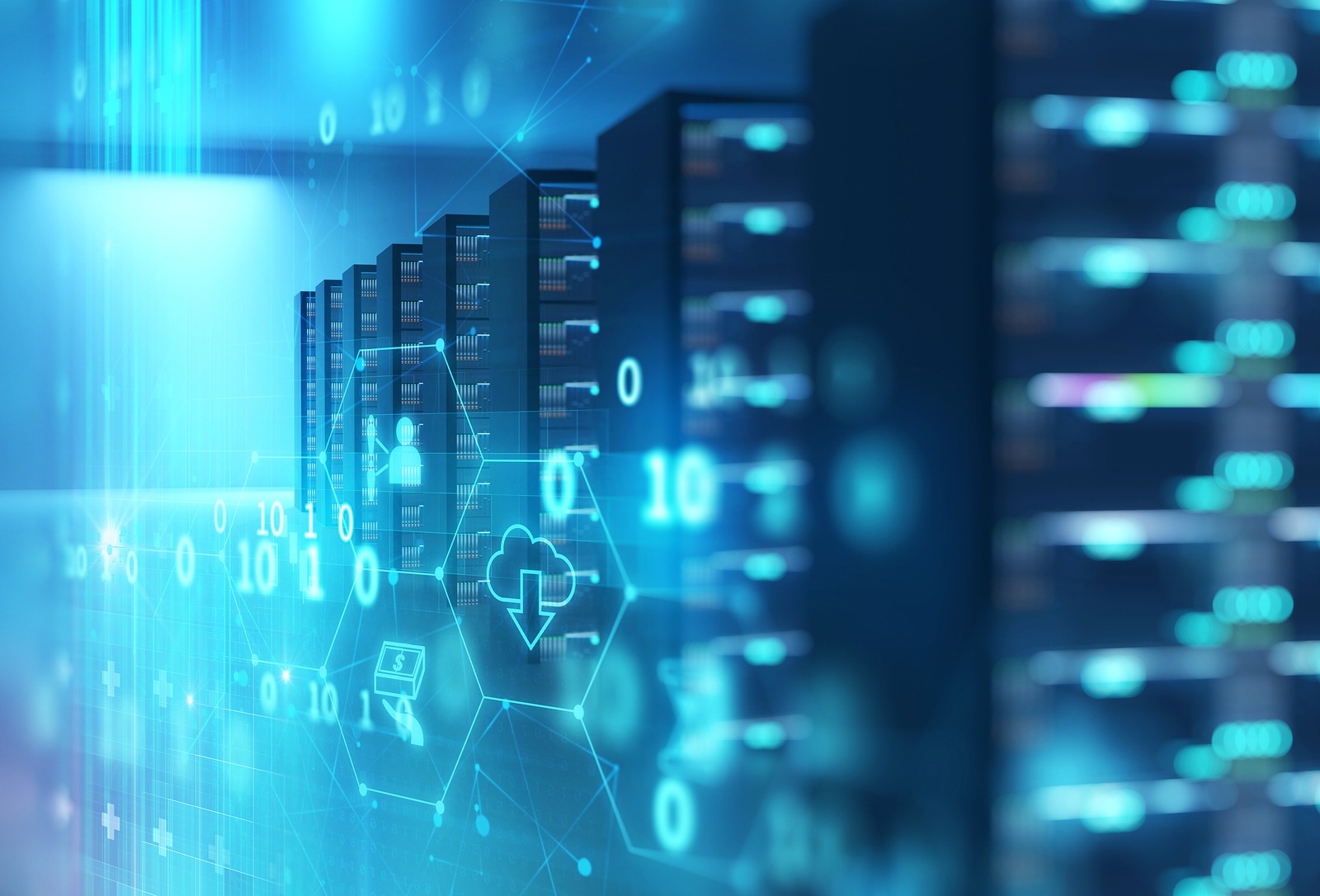 3D illustration of server room in data center full of telecommunication equipment, concept of big data storage and cloud computing technology.