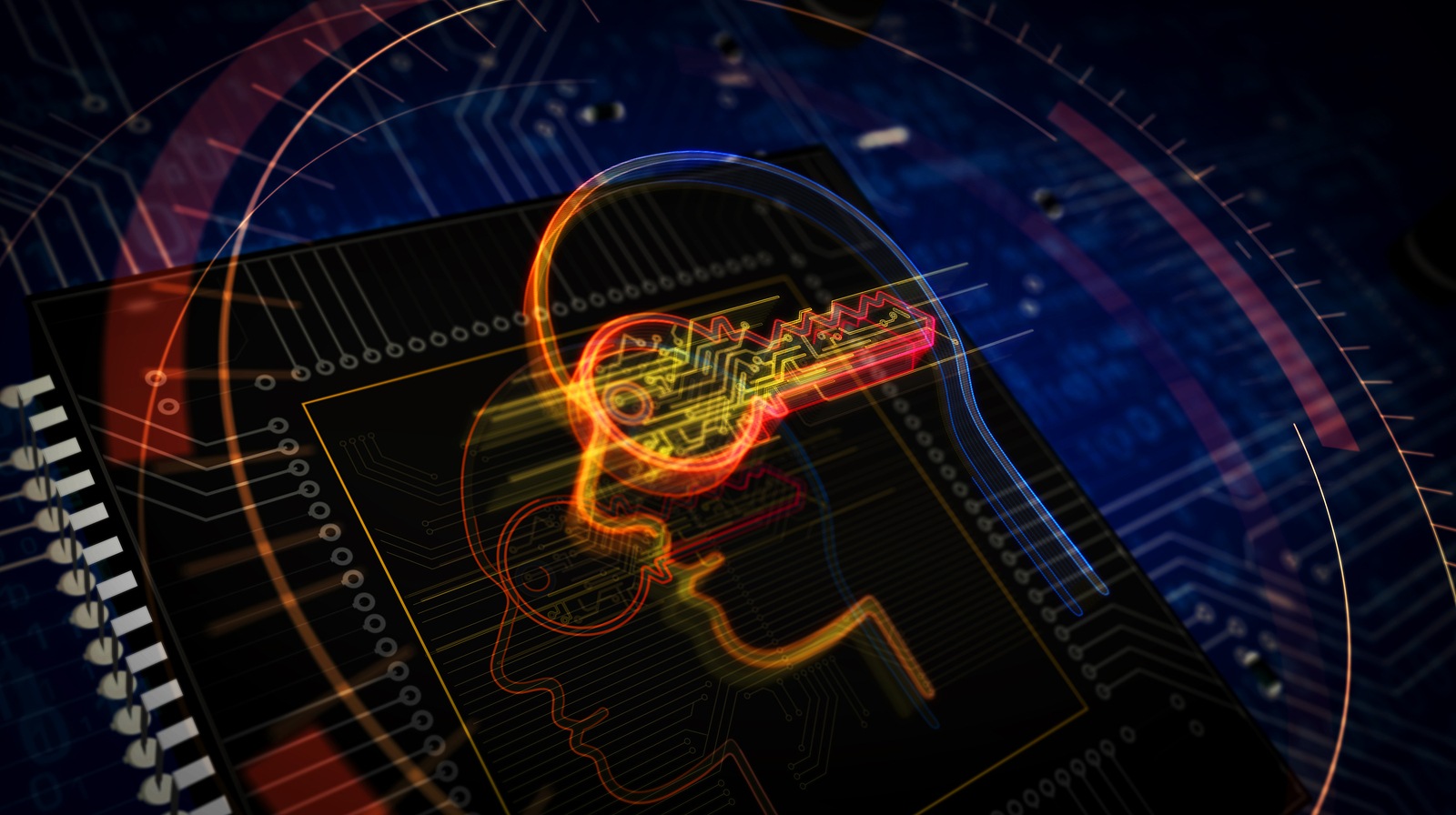 Futuristic cyber privacy key in head 3D rendered illustration. Concept of encryption, coding, AI, digital mind and private data security. Abstract digital sign with board and CPU background.