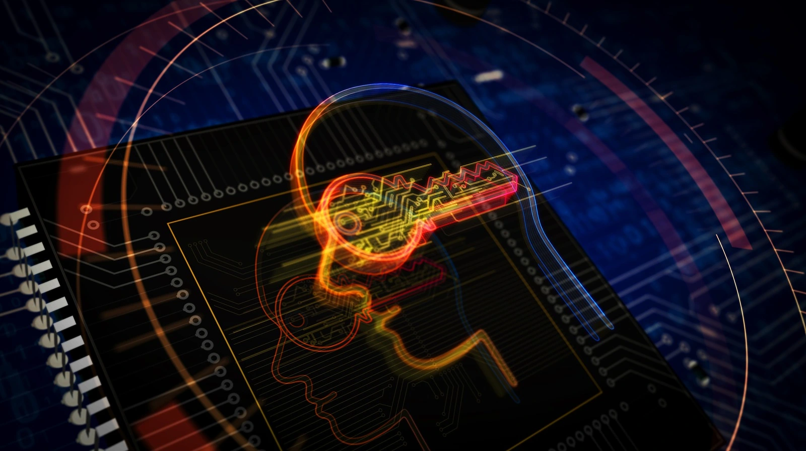 Futuristic cyber privacy key in head 3D rendered illustration. Concept of encryption, coding, AI, digital mind and private data security. Abstract digital sign with board and CPU background.