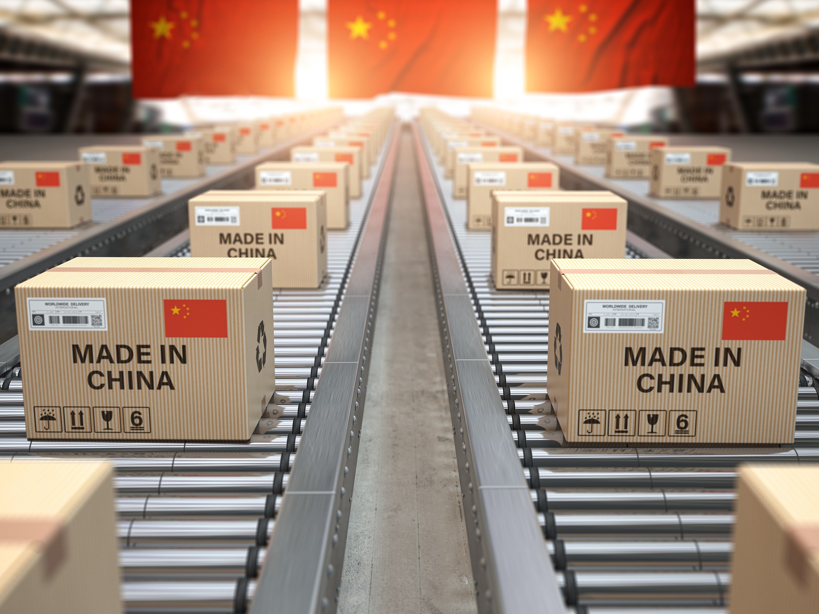 Made in China. Cardboard boxes with text made in China and Chinese flag on the roller conveyor. 3d illustrations