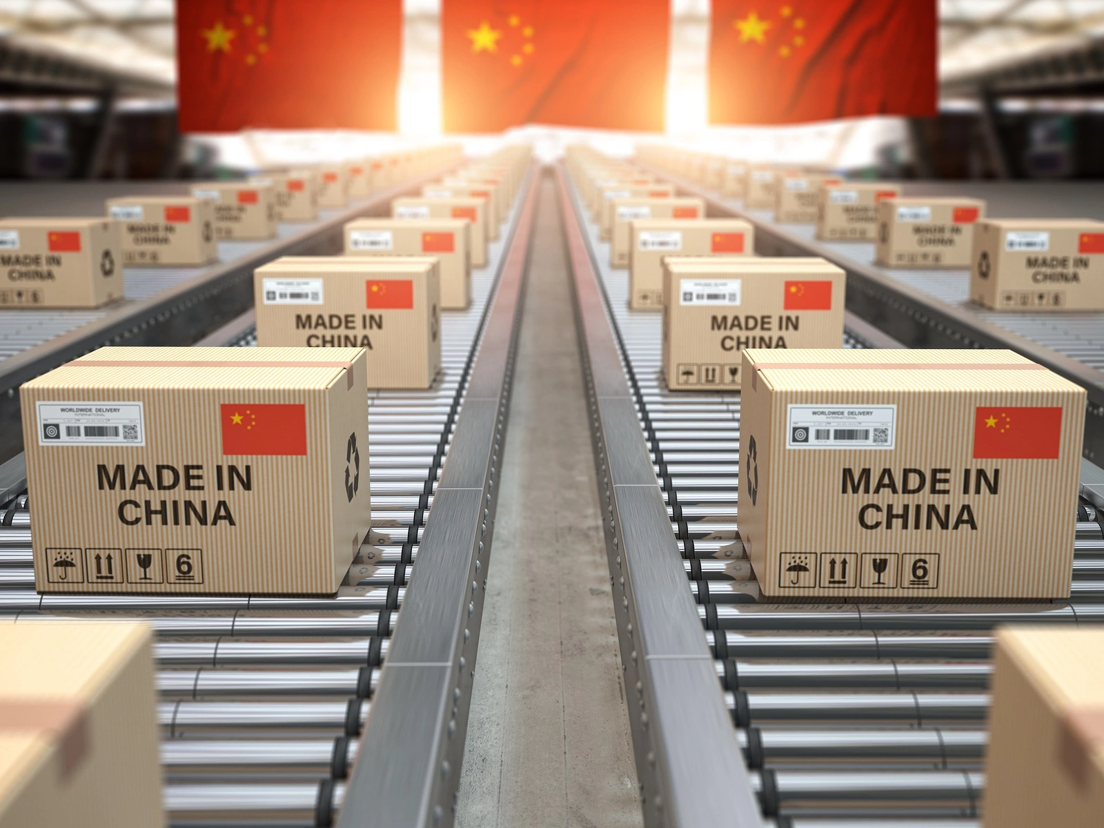 Made in China. Cardboard boxes with text made in China and Chinese flag on the roller conveyor. 3d illustrations