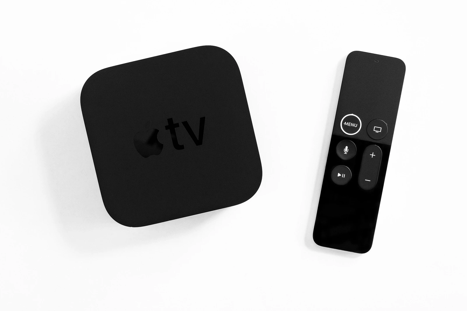 ROSTOV-ON-DON, RUSSIA - DECEMBER 20, 2018: New Apple TV media streaming player microconsole by Apple Computers - not isolated on white. It has new touch remote swipe-to-select with integrated Siri and motion sensor