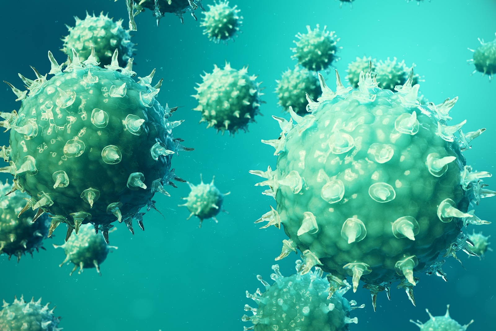 3D illustration pathogenic viruses causing infection in host organism. Viral disease epidemic. Virus abstract background. Virus, bacteria, cell infected organism