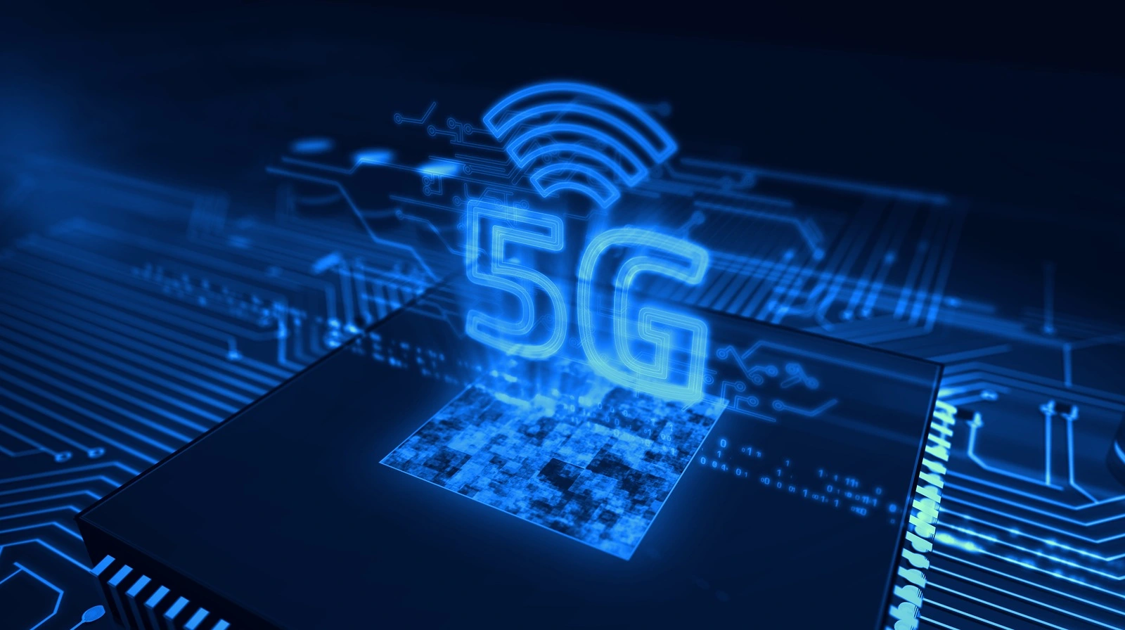 5G hologram over working CPU on circuit board in background. 5G, new technology, communication, streaming transmission and mobile internet concept 3d illustration.