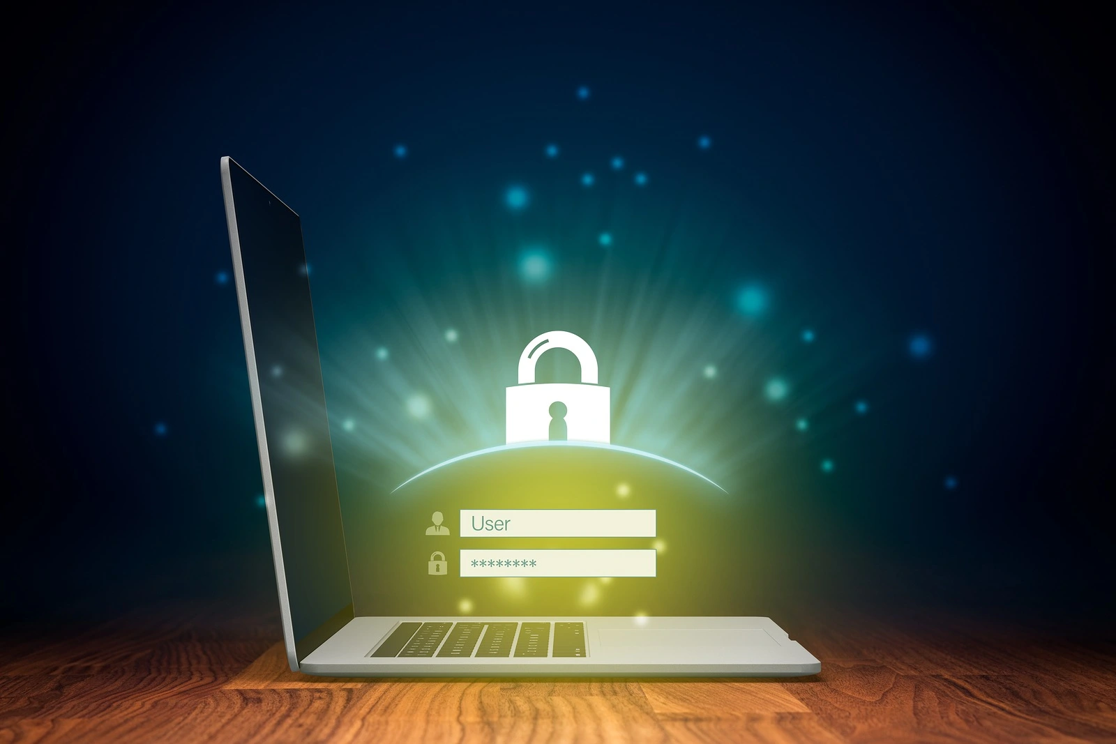 Cybersecurity and computer security concept. Notebook and login screen and padlock symbolizing computer security.