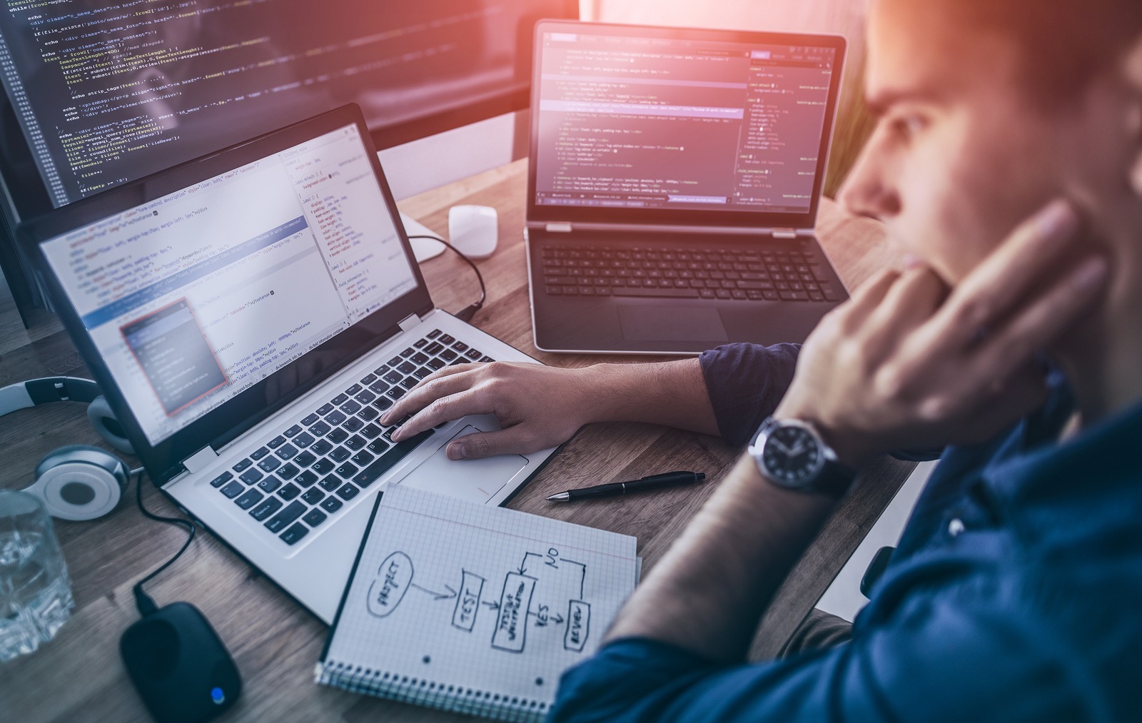 Developing programming and coding technologies. Website design. Programmer working in a software development company office.