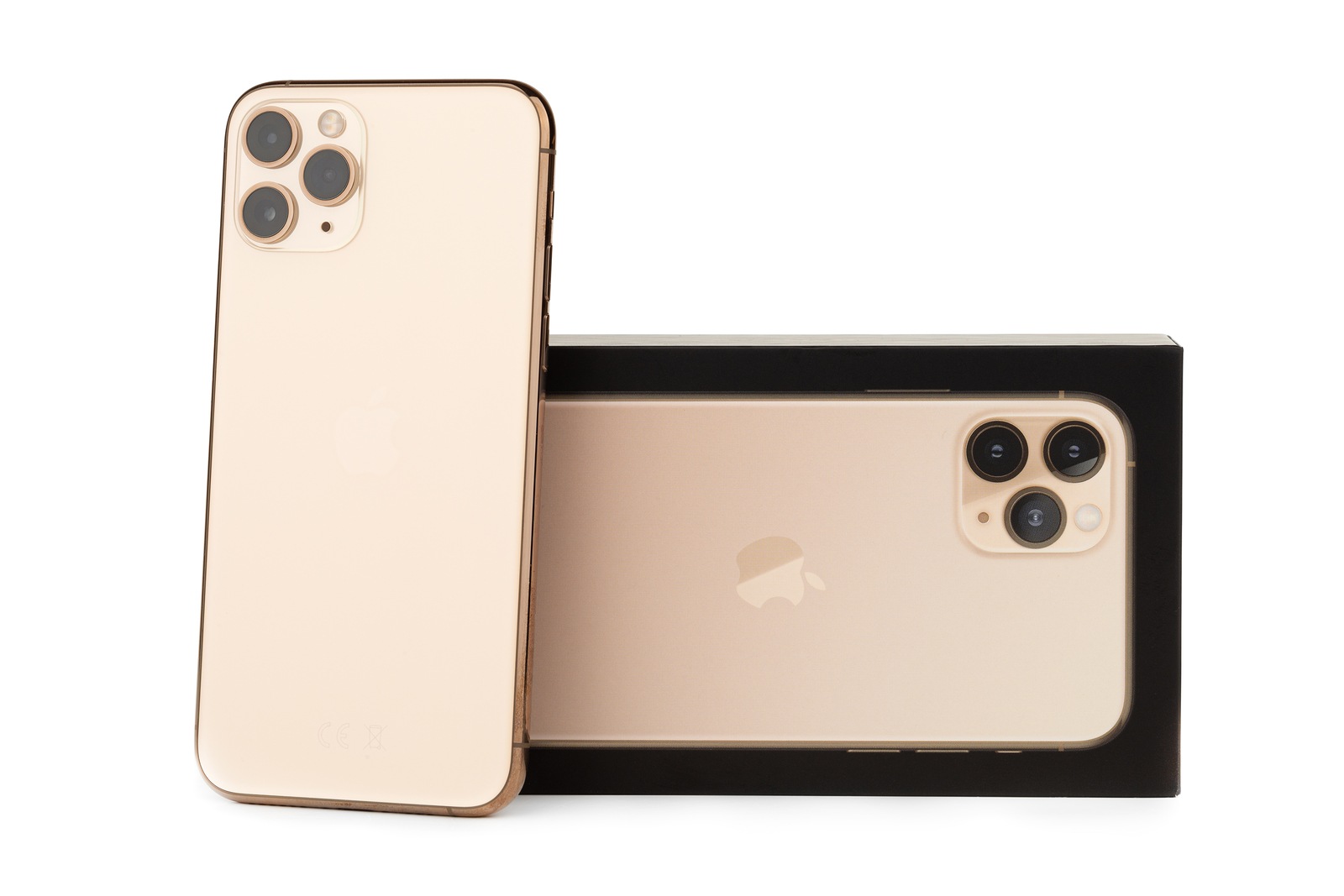 Rostov-on-Don, Russia - October 2019. Apple iPhone 11 Pro on a white background. New smartphone from the company Apple close-up.Smartphone and box from it on a white background.