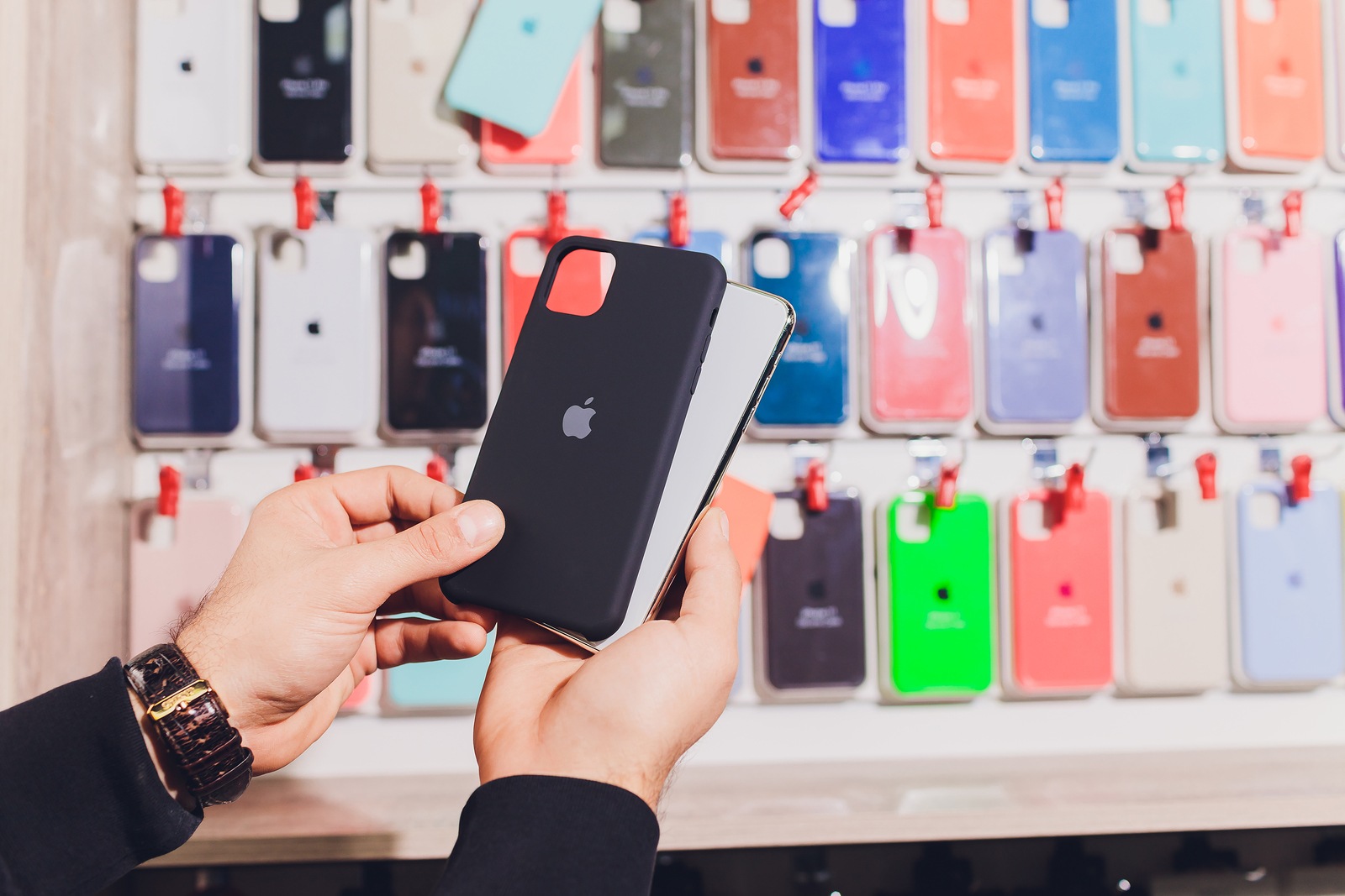 Ufa, Russia, September 24, 2019 Release of the new iPhone 11 as well as iPhone 11 Pro Max , visiting an Apple Store in USA, viewing the new leather and silicon covers for the iPhones.