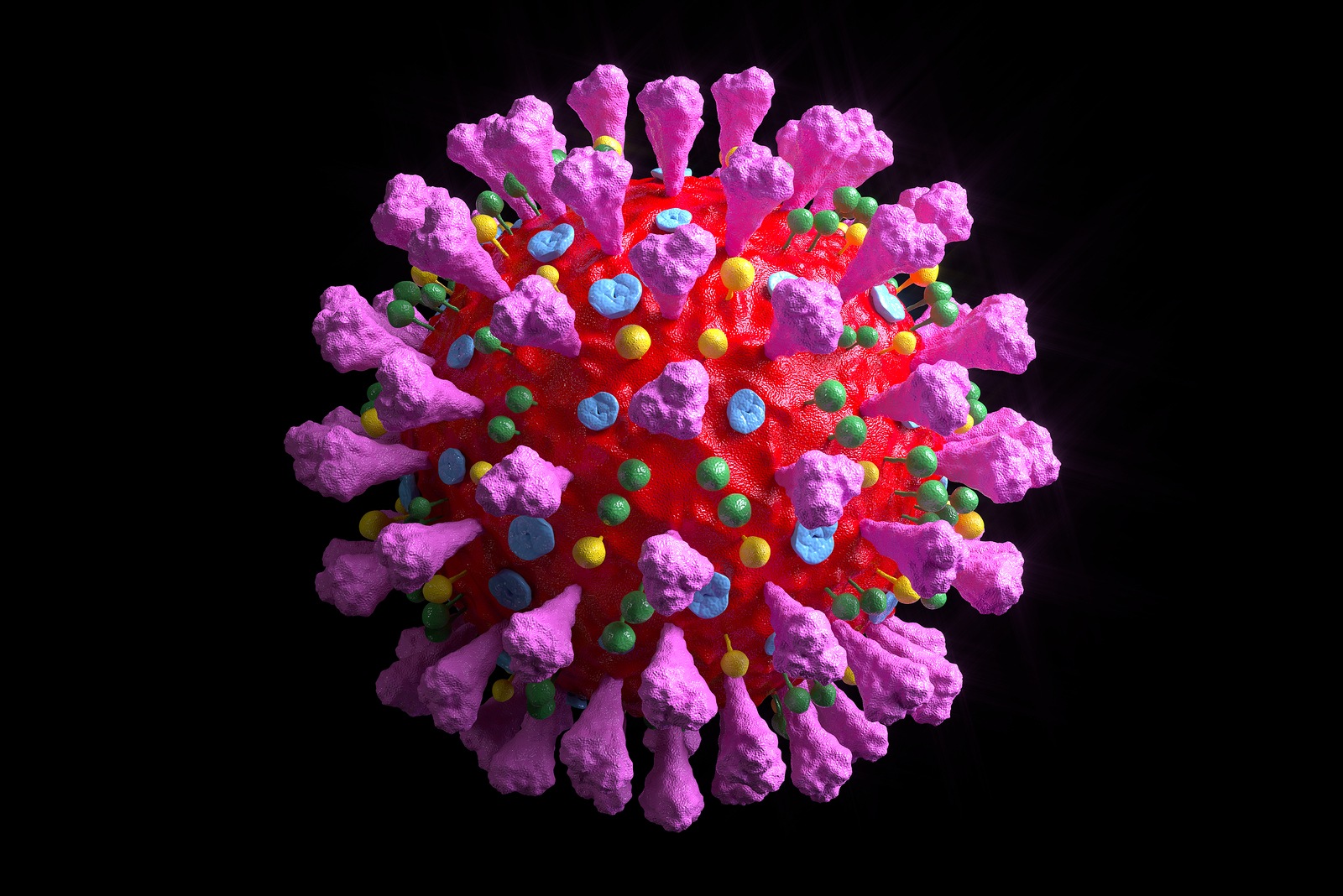 Coronavirus COVID-19 infection 3D render. Floating pathogen respiratory influenza covid virus cells. Realistic virus 3D illustration.